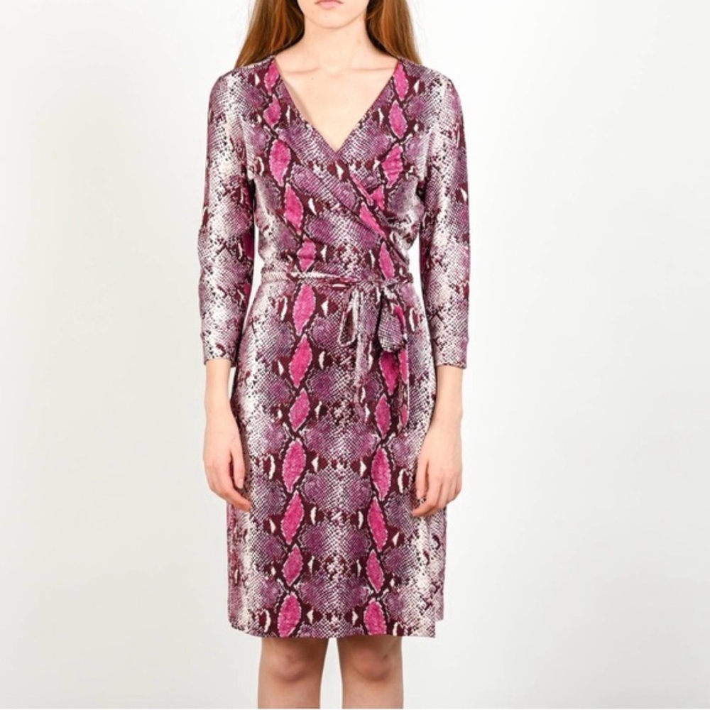 Diane Von Furstenberg new Julian two Wrap Magenta Snakeskin Print Dress